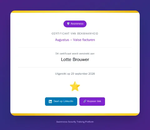 Deelbaar certificaat van bekwaamheid uit Awareness voor een afgeronde training, met een knop om het op LinkedIn te delen.