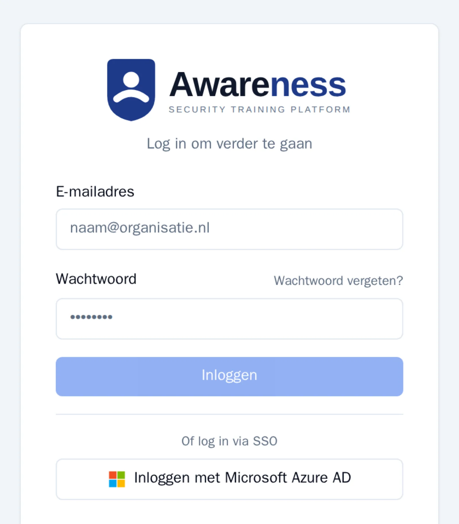Inlogscherm van Awareness met de knop "Inloggen met Microsoft Azure AD" naast e-mailadres en wachtwoord.