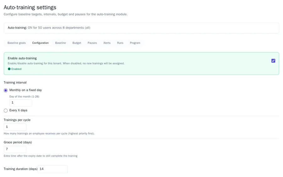The Configuration tab of auto-training: enabled, monthly on day 1, one training per cycle, a grace period of seven days and a training duration of fourteen days