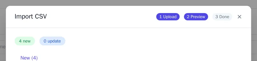 The import preview: four new employees with email address, name, role and department, and the Import 4 valid rows button
