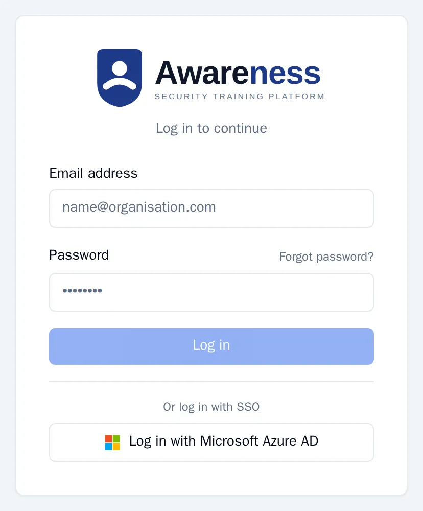 The Awareness login screen with Email address, Password, the Forgot password? link and the Log in button