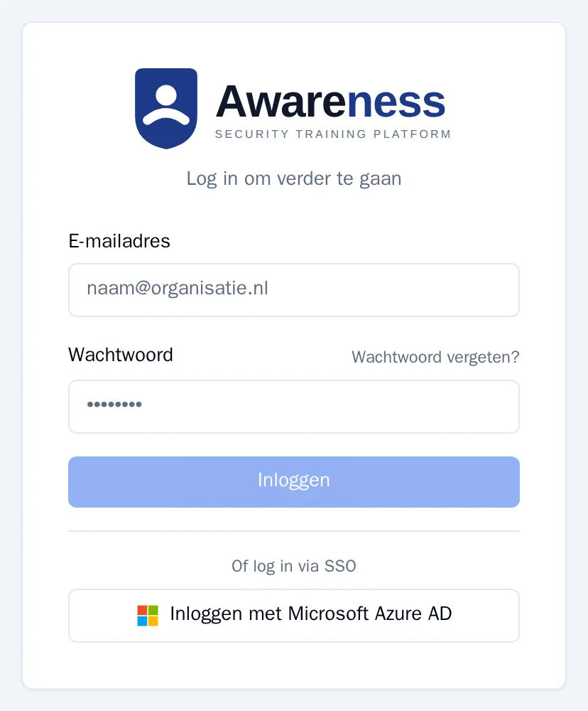 Het inlogscherm van Awareness met E-mailadres, Wachtwoord, de link Wachtwoord vergeten en de knop Inloggen