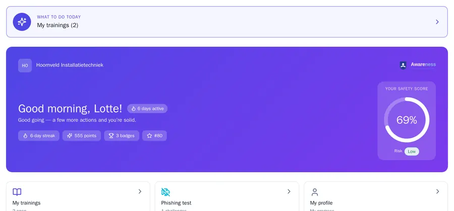 An employee's home page with What to do today at the top and the safety score of 69 percent below it