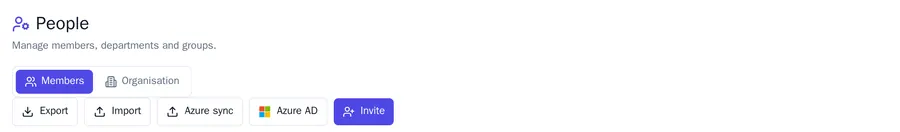 The People page with the Members and Organisation tabs and the Export, Import, Azure sync, Azure AD and Invite buttons