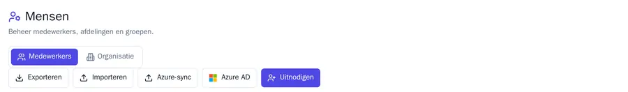 De pagina Mensen met de tabs Medewerkers en Organisatie en de knoppen Exporteren, Importeren, Azure-sync, Azure AD en Uitnodigen