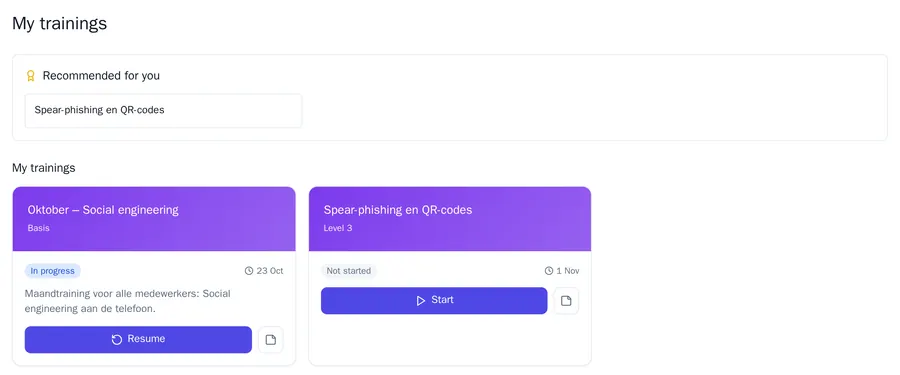 An employee's My trainings: a training under Recommended for you and two assigned trainings, one In progress with the Resume button and one Not started with the Start button