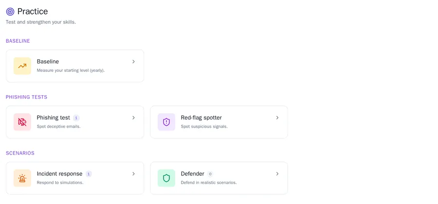 The Practice page with Baseline, Phishing test, Red-flag spotter, Incident response and Defender