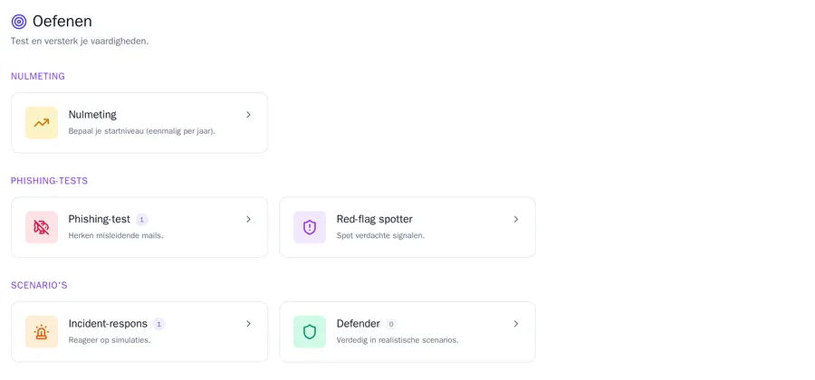 De pagina Oefenen met de nulmeting, de phishing-test, de red-flag spotter, incident-respons en Defender