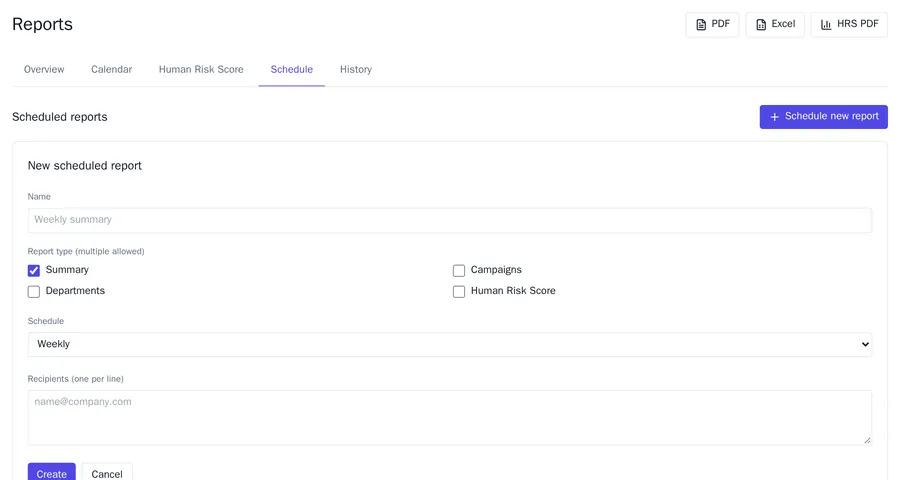The New scheduled report form with the fields Name, Report type with four options, Schedule set to Weekly and Recipients