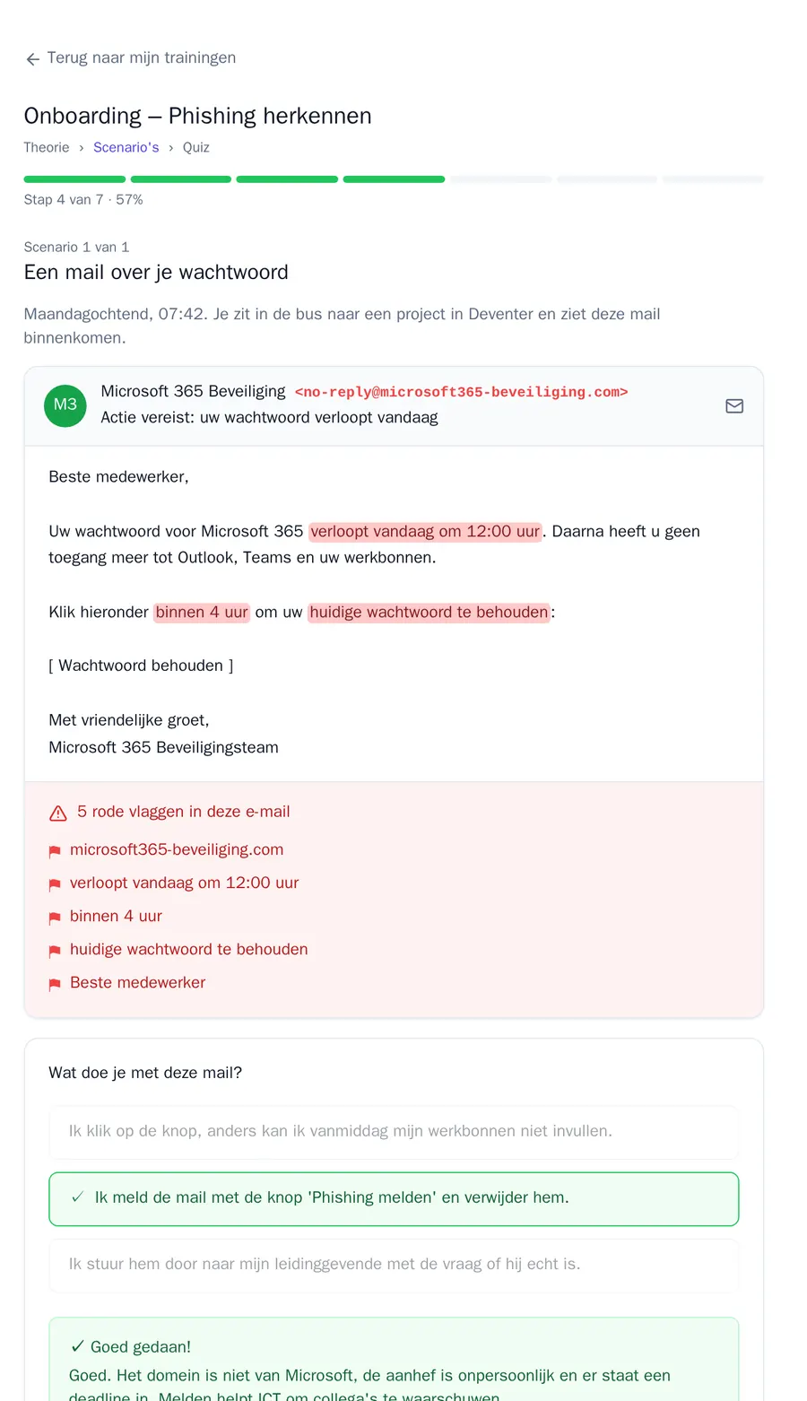 Een scenario in een training: een nepmail over een verlopen wachtwoord met vijf gemarkeerde rode vlaggen en het goed gekozen antwoord Ik meld de mail