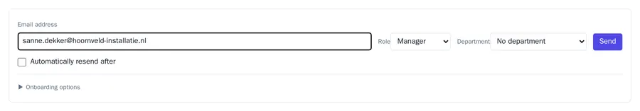 The invitation form with an email address filled in, the role Manager, No department and the Send button