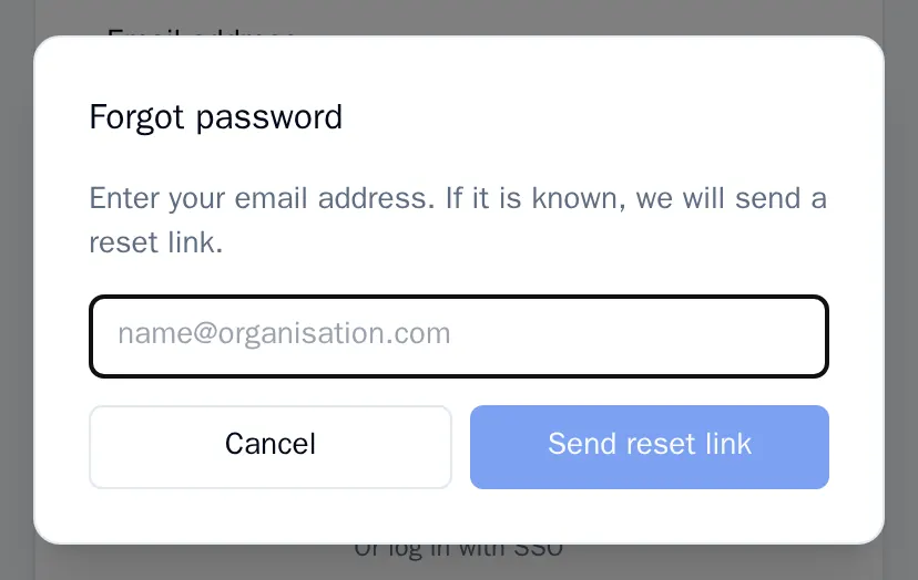 The Forgot password window with a field for the email address and the Send reset link button