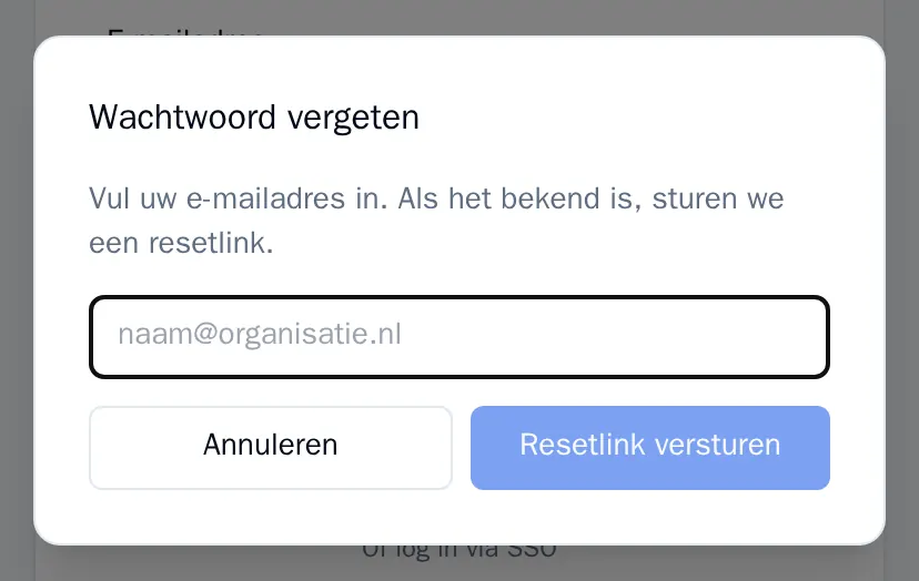 Het venster Wachtwoord vergeten met een veld voor het e-mailadres en de knop Resetlink versturen