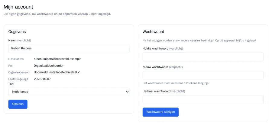 Mijn account met het blok Gegevens (naam, e-mailadres, rol, organisatie, laatst ingelogd, taal) en het blok Wachtwoord