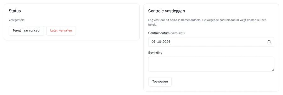 De stap Afronden van een vastgesteld risico: links de status met de knoppen Terug naar concept en Laten vervallen, rechts Controle vastleggen met de velden Controledatum en Bevinding