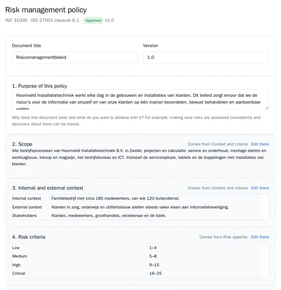 The risk management policy: section 1 Purpose of this policy written by hand, sections 2 to 4 marked Comes from Context and criteria or Risk appetite with an Edit there link