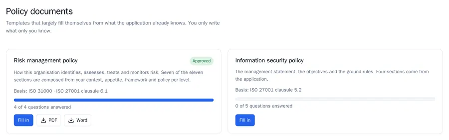 The Policy documents overview with the Risk management policy, approved, and the Information security policy, each with the buttons Fill in, PDF and Word