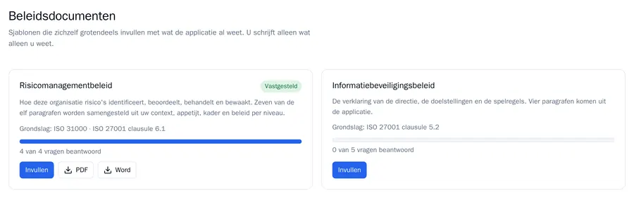 Het overzicht Beleidsdocumenten met het Risicomanagementbeleid, vastgesteld, en het Informatiebeveiligingsbeleid, elk met de knoppen Invullen, PDF en Word