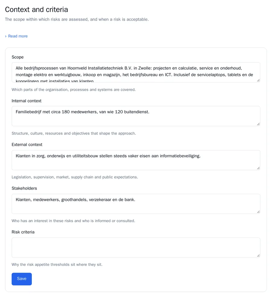 Context and criteria with completed fields for the scope, internal and external context and stakeholders of Hoornveld Installatietechniek