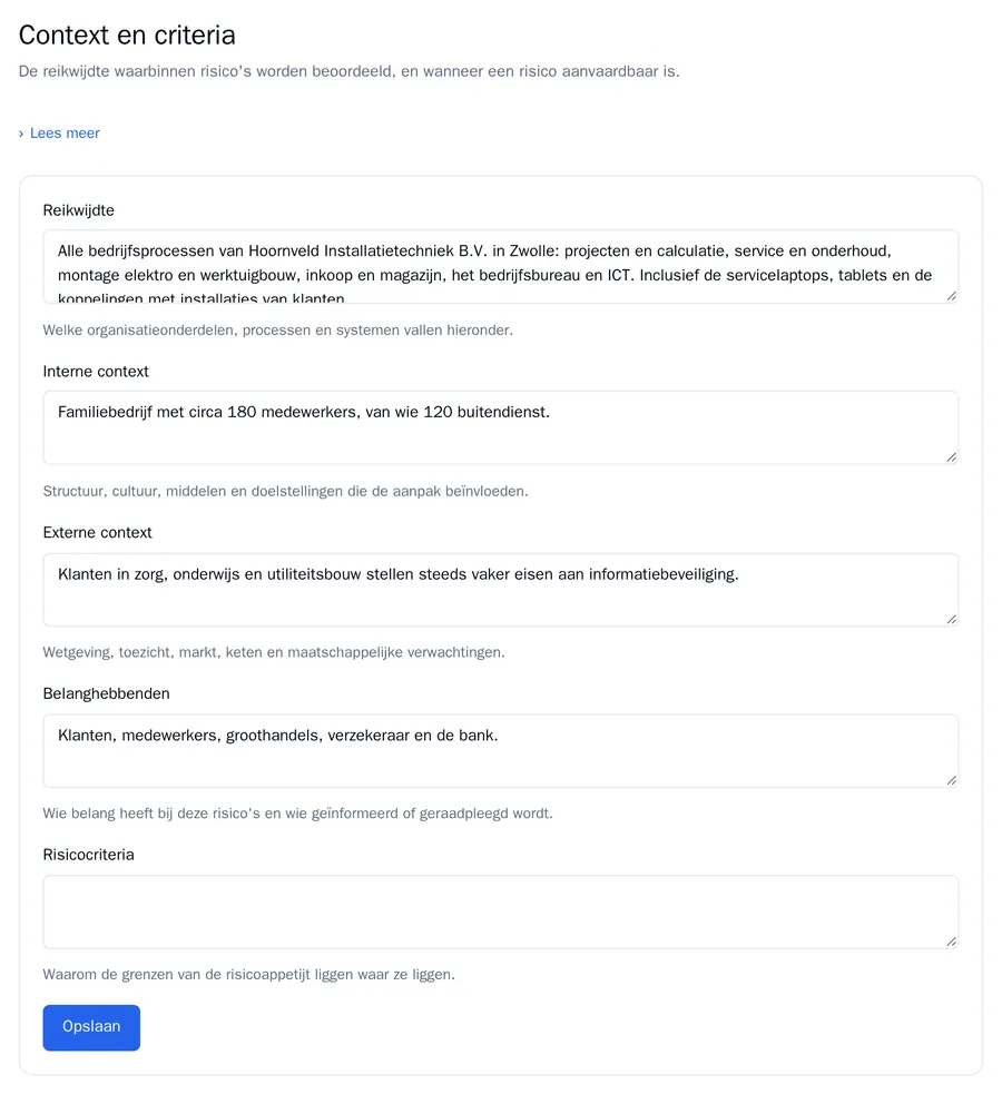 Context en criteria met ingevulde velden voor de reikwijdte, interne en externe context en belanghebbenden van Hoornveld Installatietechniek