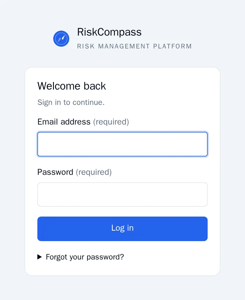 The RiskCompass login screen with Welcome back, the Email address and Password fields and the Log in button