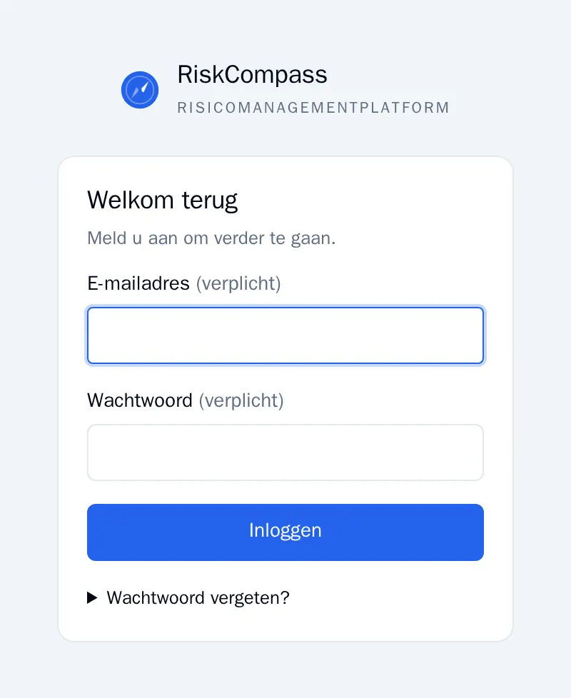 Het inlogscherm van RiskCompass met Welkom terug, de velden E-mailadres en Wachtwoord en de knop Inloggen