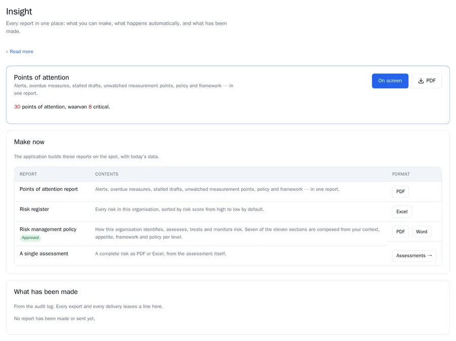 The Insight page with the points of attention report, 30 points of attention of which 8 critical, and the Make now table with the points of attention report, the risk register, the risk management policy and a single assessment