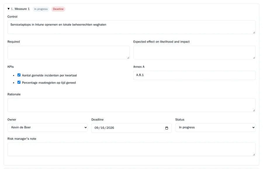 A measure in the treatment plan: Servicelaptops in Intune opnemen, with an owner, a deadline, status In progress and Annex A reference A.8.1