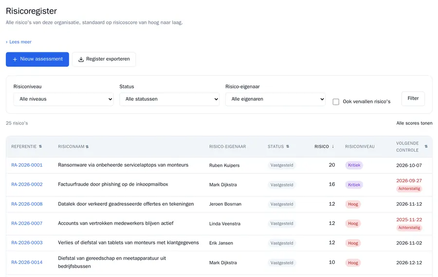 Het risicoregister met de knoppen Nieuw assessment en Register exporteren, filters en een tabel met referentie, risiconaam, eigenaar, status, risicoscore, niveau en volgende controle