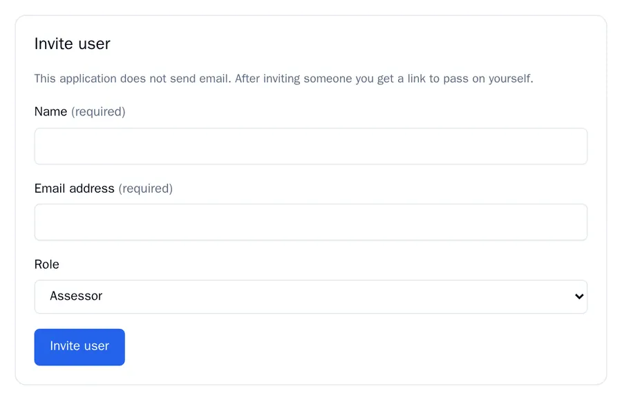The Invite user form with the fields Name, Email address and Role, set to Assessor by default