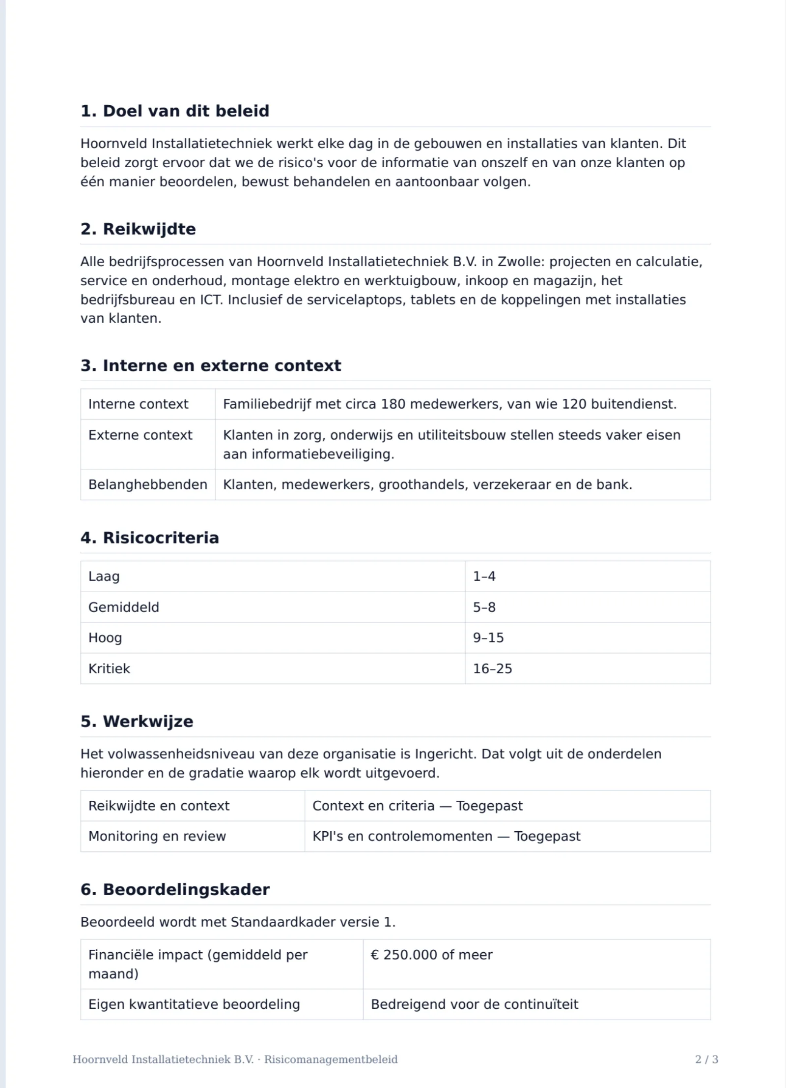 Twee pagina’s uit het risicomanagementbeleid dat RiskCompass als PDF maakt, met paragrafen die uit de eigen context zijn afgeleid.