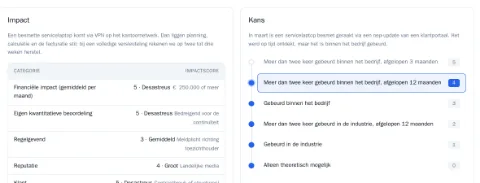 Eén risico in RiskCompass, "Ransomware via onbeheerde servicelaptops": impact maal kans is 20, de scope, de KPI’s, de signalen, en de beoordeling van impact en kans in zinnen.